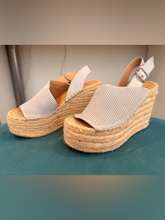 Marc Fisher Perforated Light Blue Leather Slingback Espadrille Wedge - Picture 2 of 7